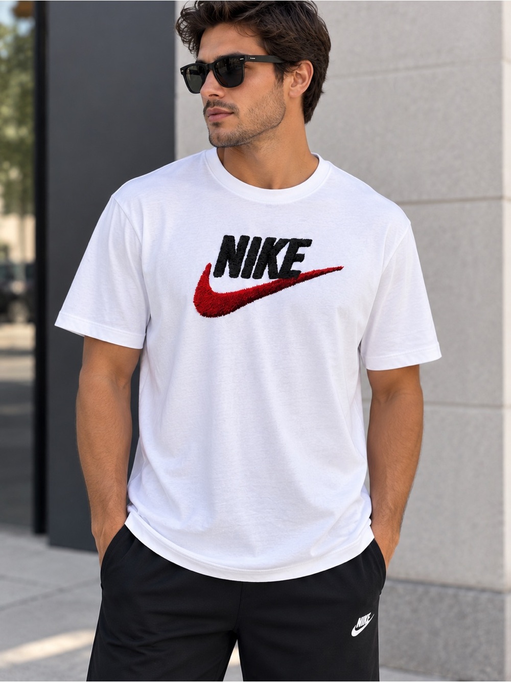 Nike White Short Sleeve Tee with Red Swoosh and Black Logo
